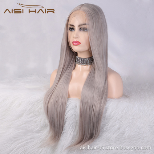 Aisi Hair Long Silky Straight Lace Front Wig Middle Part Swiss Lace Wigs Hign Quality Synthetic Hair Lace Front Wigs For Women